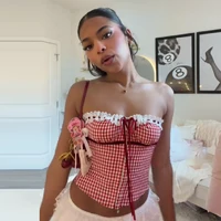 Nouveau Corset Rétro en Gingham avec Dentelle pour Femme, Top Court Bustier à Bretelles Fines et Cordon de Serrage, Vêtement Décontracté pour Fête 2026 5