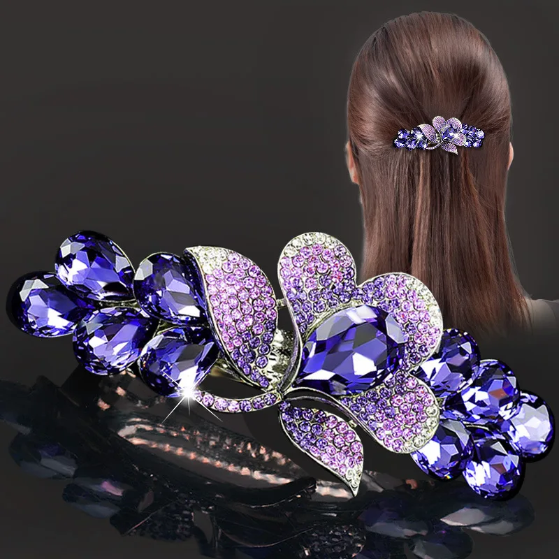 Neue lila Kristall Blume Frühling Haarspange Luxus Strass Top Clip horizontale Clip elegante Mutter Mode Haar-Accessoires