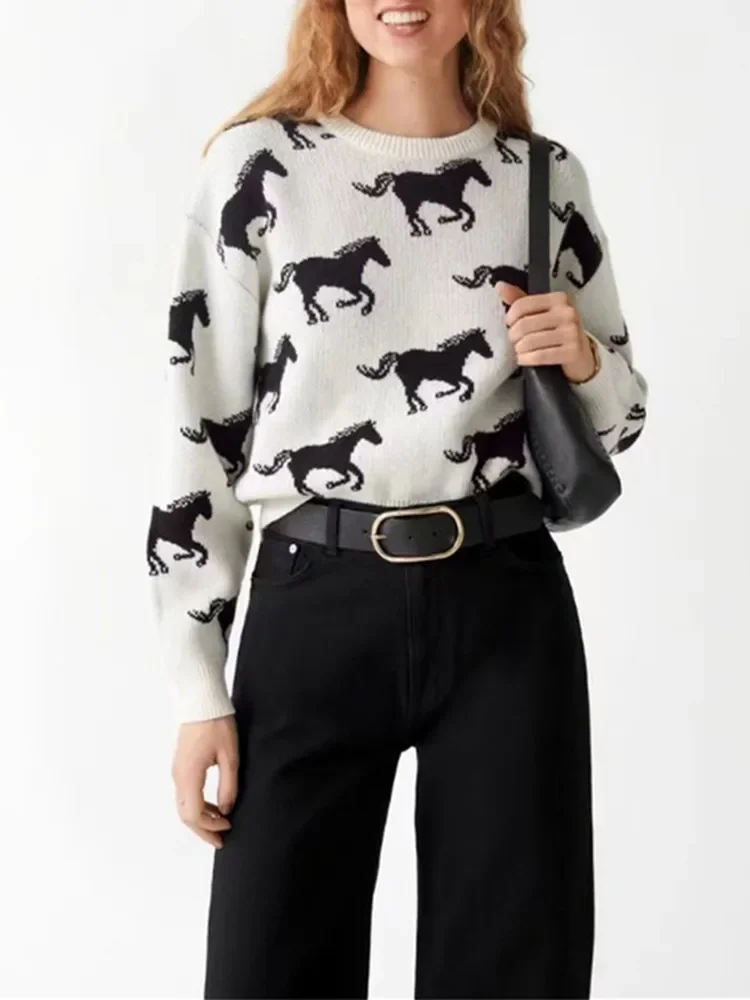 

Fall Winter Women's Sweater Animal Patterned Jacquard Casual O-Neck Long Sleeve Knitted Pullover Tops