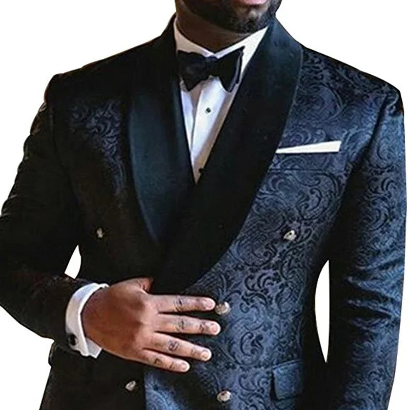 Double Breasted floral Men Suits for Wedding Slim Fit Navy Blue Groom Tuxedos 2 Pcs Set Jacket with Pants Male Fashoin Clothes mens suit