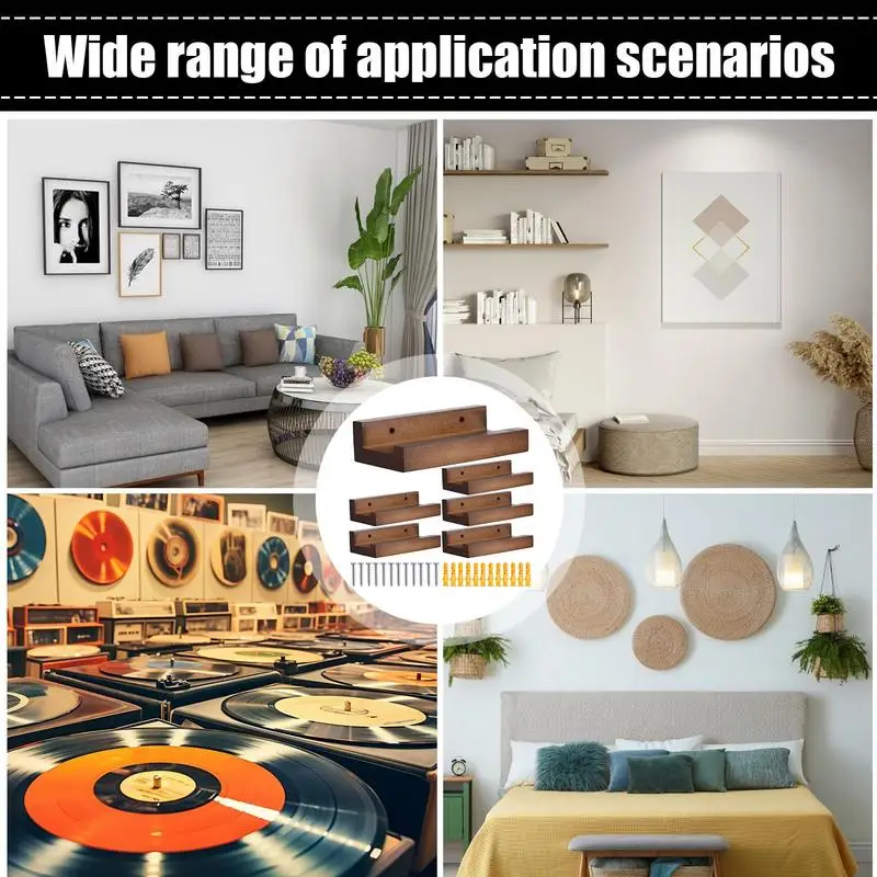 6PCS Wood Vinyl Record Shelf Wall Mount Small Wall Record Holder Display Shelf Vinyl Record Shelves Record Album Display Holder 5