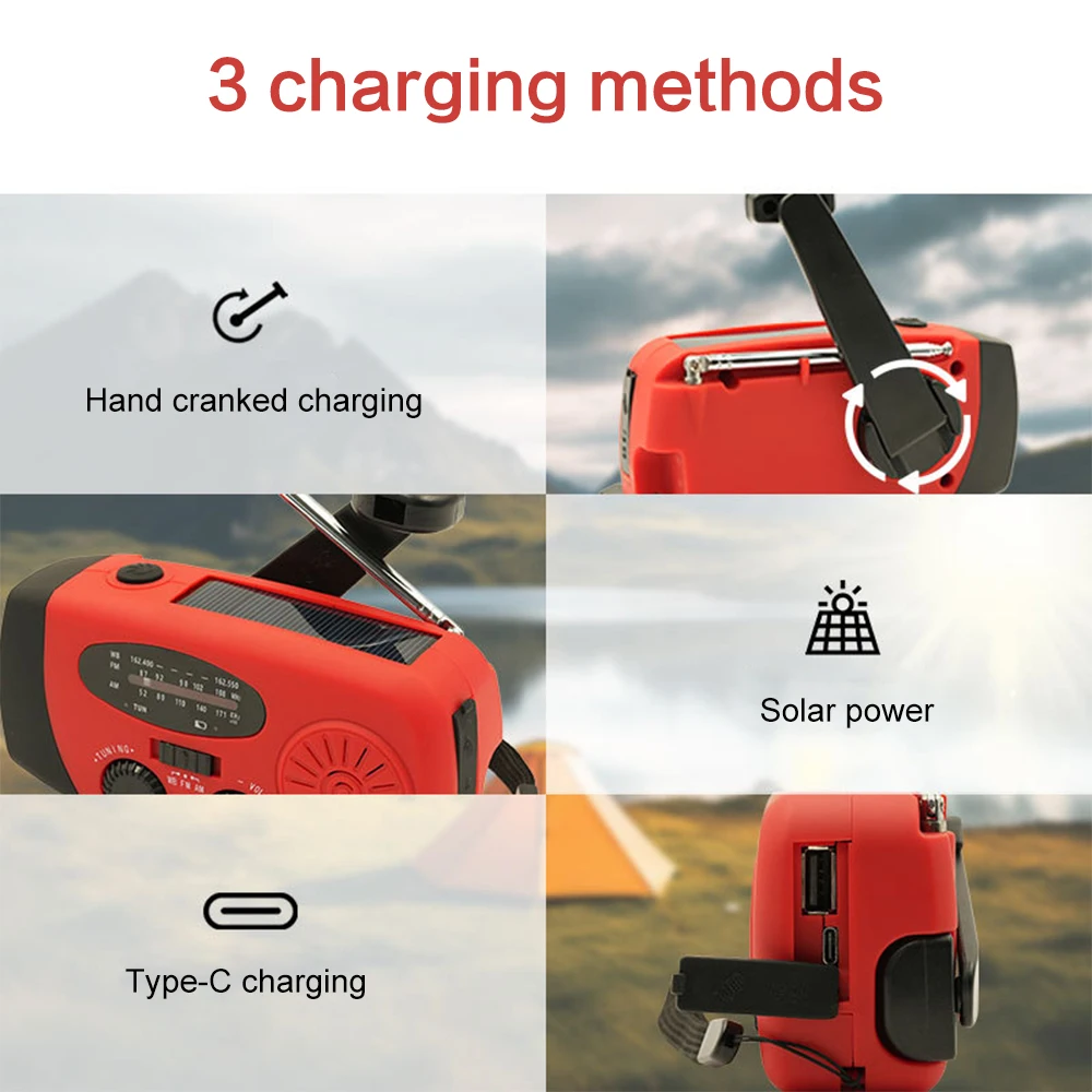 2000mAh Emergency Hand Crank Radio LED Flashlight Radio SOS LED Emergency Solar Hand Crank Powered Wind Up Phone Fm Radio Solar Power Radio Portable Radio Emergency Radio Solar Radio Radio Receiver Radio Device