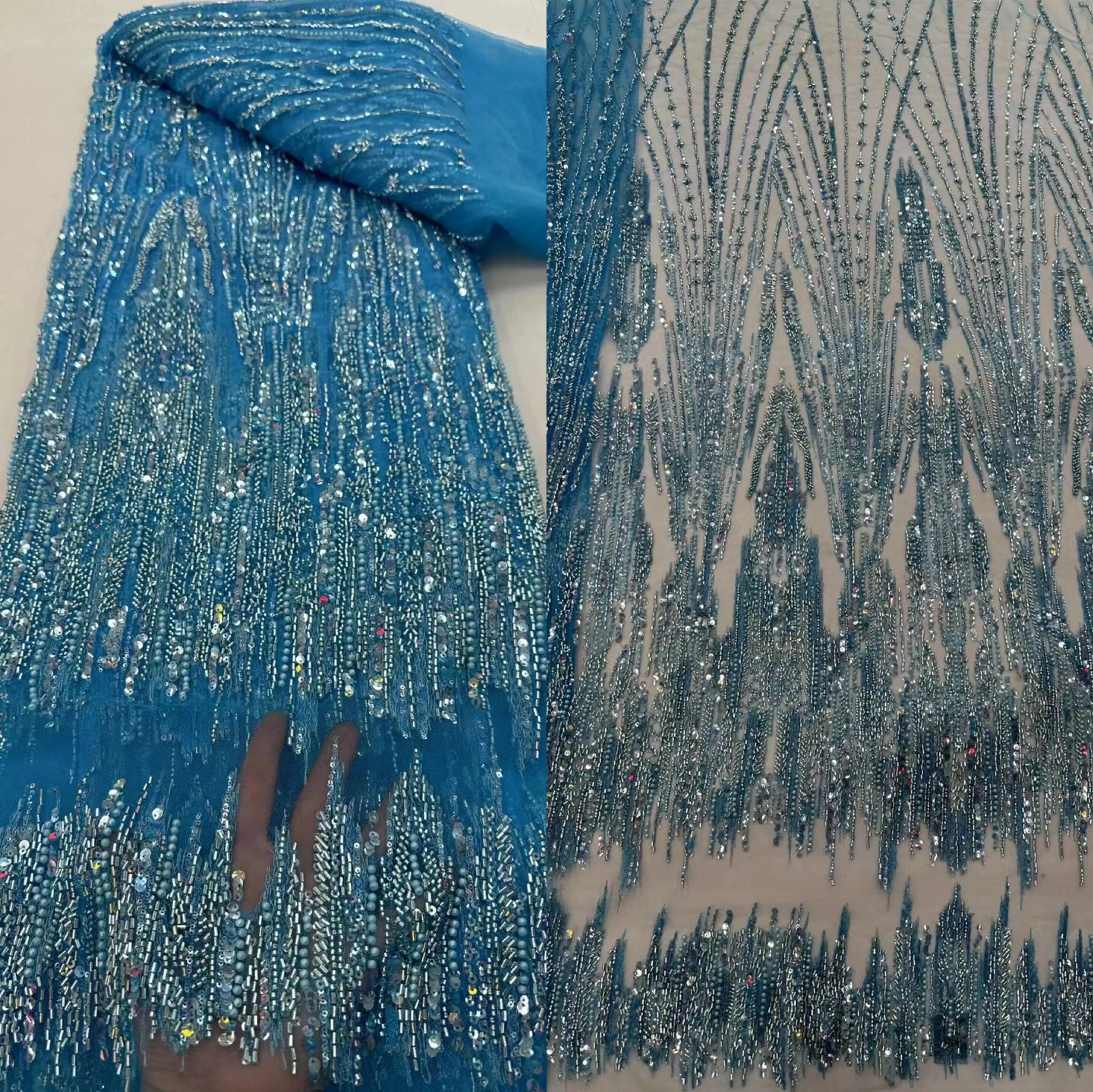 

African French Mesh Lace with Sequins and beads SYJ-13028745 Nigeria Tulle Lace Fabric for Sewing Evening Party Dress