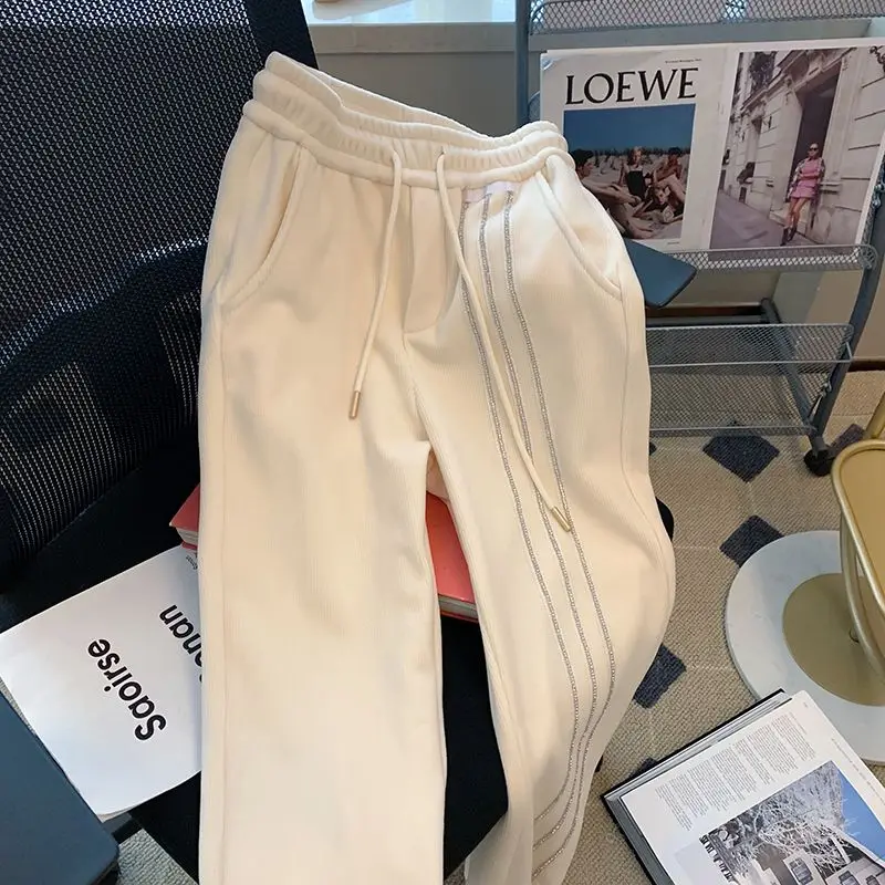 New Winter Women Korean Fashion Glitter Striped Sports Joggers Pants Casual Streetwear Pockets Fleece Warm Sweatpants Pantalones