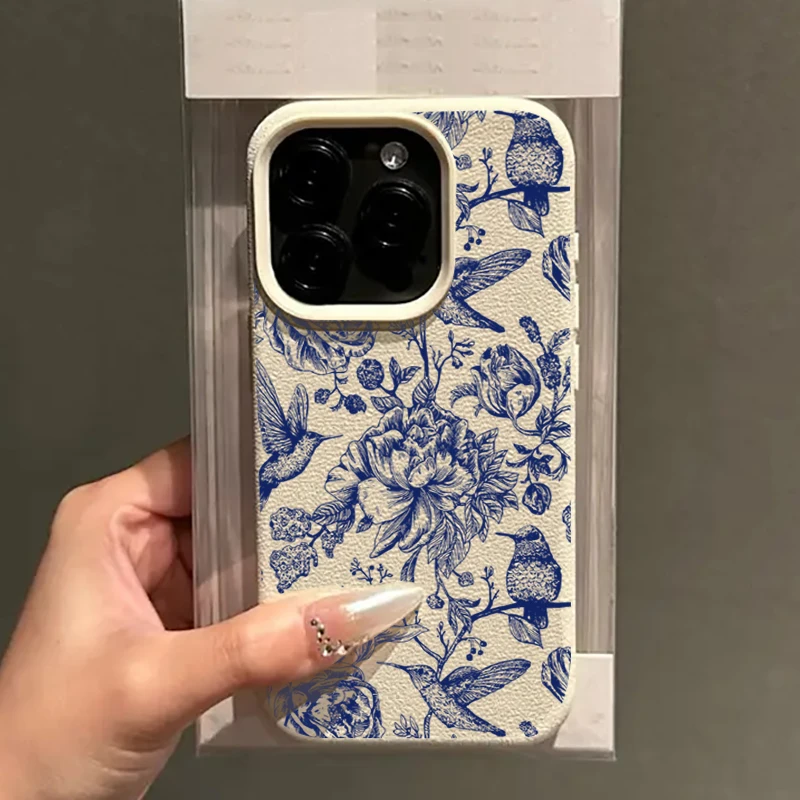 Elegant Blue Retro Floral Bird Pattern Phone Case - Soft Protective Cover
