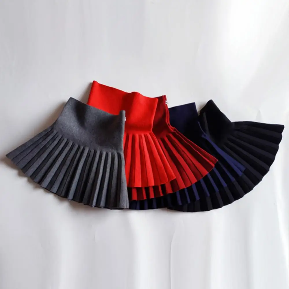 High Waist Solid Color Pleated Skirt Skirt Pleated Autumn Children School Girls Knit Bottoming children skirts