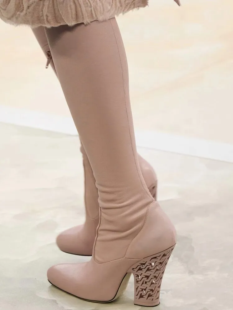 

New European and American Sexy Fashion Boots for Women Hollow Thick Heel Over The Knee Elastic Boots Big Size Shoes Black