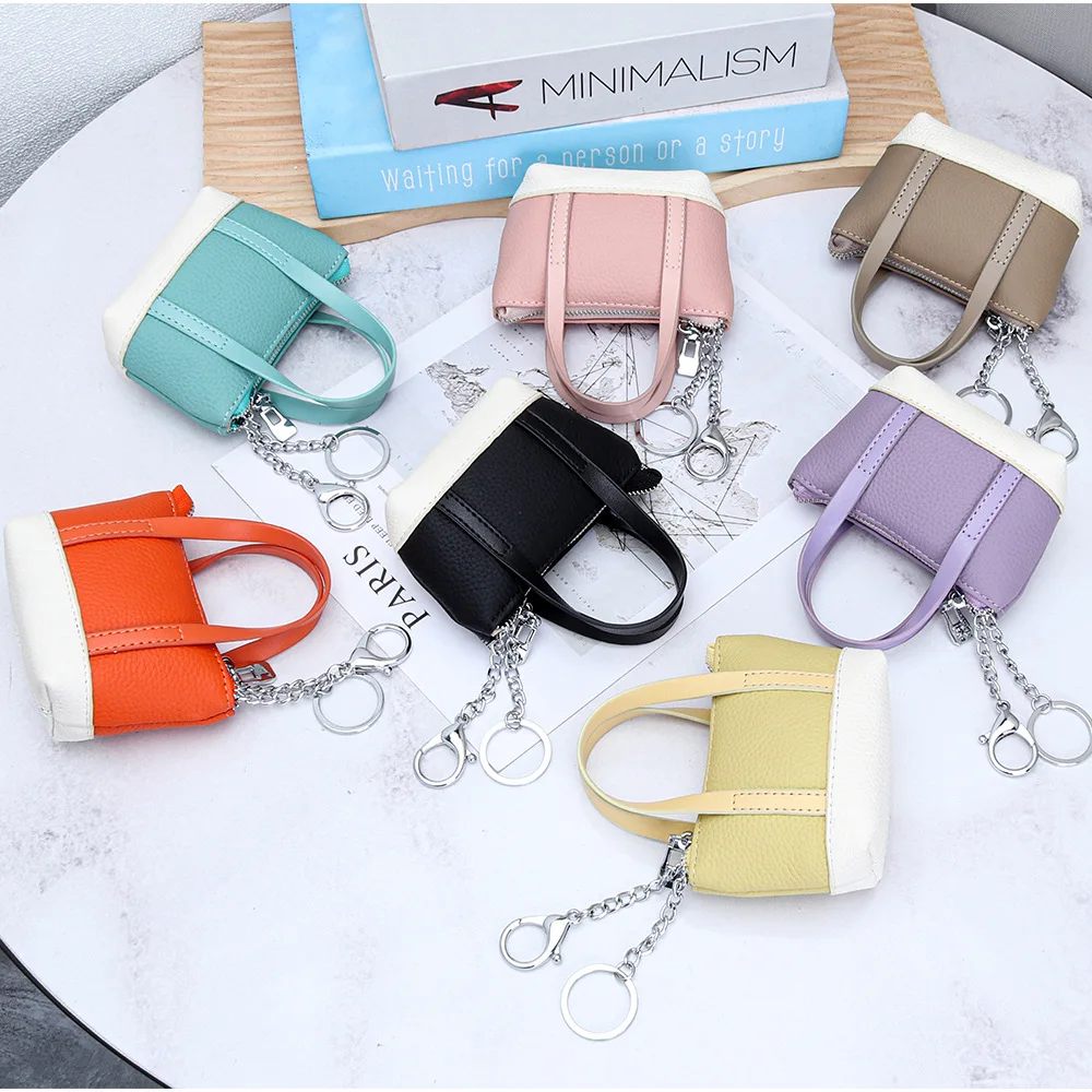 New Women's Genuine Leather Mini Tote Wallet, Color Block Keychain Coin ...