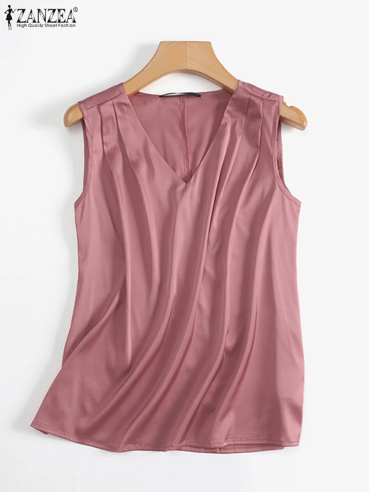 Summer Women OL Sleeveless Silk Satin V-neck Work Tank Top Shirt Blouse  Camisole