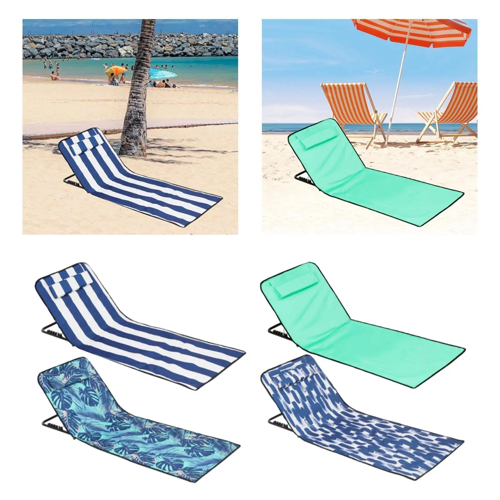 Folding Beach Chair with Back Support Beach Mat Lounge Chair Lying Mat Patio Floor Chair for Garden Backyard Picnic Outdoor Sand