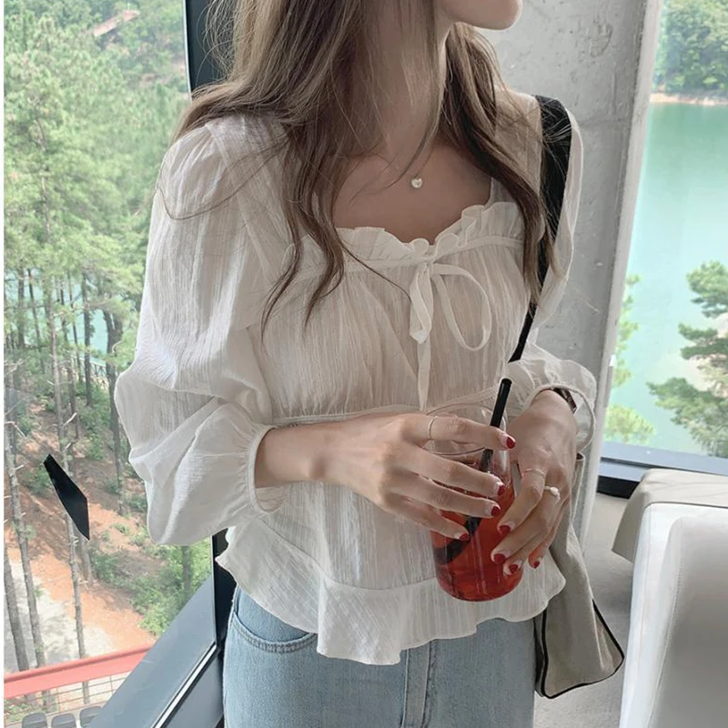 Fashoin New Vintage Loose White Blouse Women Casual Long Sleeve Ruffled Shirt Tops Fashion Square Collar Solid Lady Shirts 11700 1