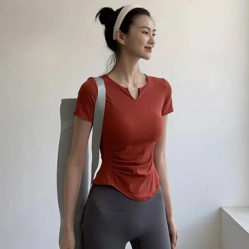 DFLMU 작은 V넥과 슬림핏이 있는 섹시한 여성용 요가탑, 반팔, 슬리밍 효과, 러닝, 피트니스에 적합