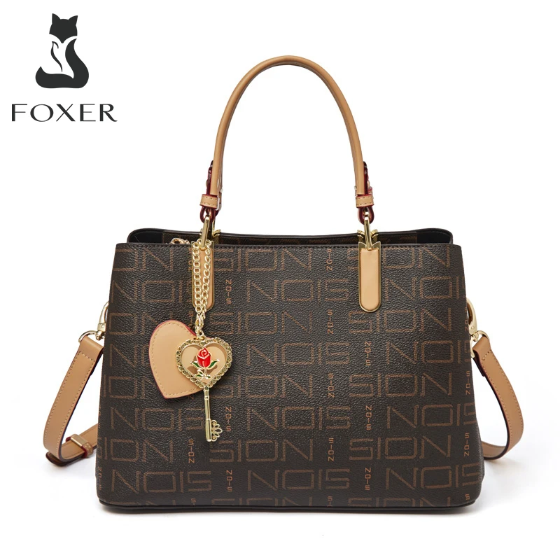 

FOXER Monogram PVC Leather Women's Handbag High Capacity Lady Signature Shoulder Bag Commuter Crossbody Bag Female Stylish Totes