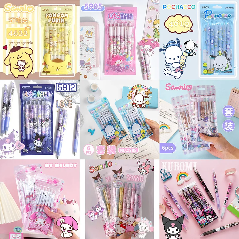 

6 шт. кавайная гелевая ручка Sanrio, нейтральная ручка, канцелярские принадлежности, мультяшная ручка Pompompurin, черная Рождественская креативная подарок на день рождения, студенческие призы