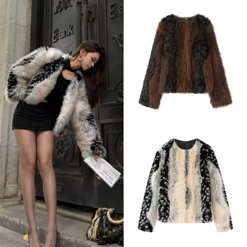 Guobioziy 2026 – Nouvelle veste femme automne-hiver, style socialite, color-block, manches longues, fausse fourrure, chaude, élégante et tendance
