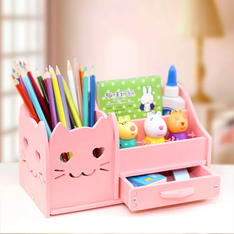 

School Stationery Storage Case Wood Box Desk Pen Pencil Organizer Phone Holde