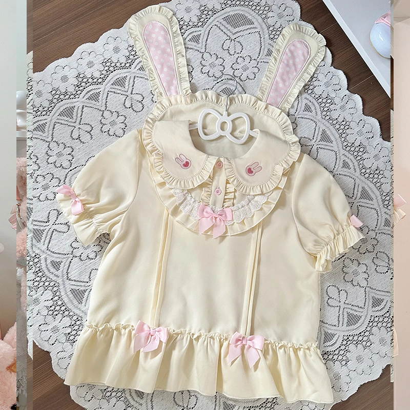 Sweet Lolita Style Bunny Ear Peter Pan Collar Ruffles Shirt Women Summer Short Sleeve Kawaii Cute Rabbit Embroidery Blouse Tops