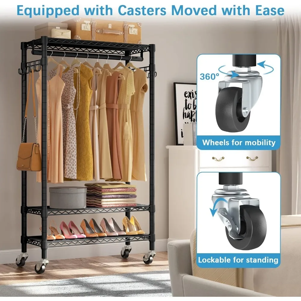 R1 Rolling Garment Rack Heavy Duty Clothes Rack for Hanging Clothes, Portable Closet Wardrobe with Wheels and Side Hooks, - Image 4