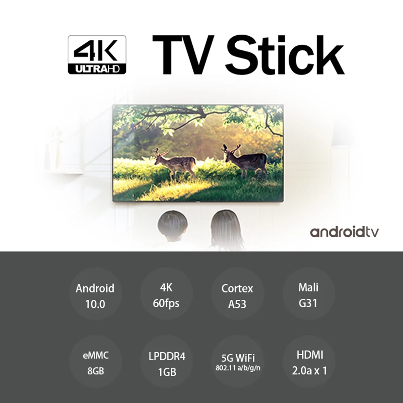 Global Version Blulory 4K TV Stick 1GB 8GB HDMI 2.0 Quad-Core CPU Dual-Core GPU HDR 10+ 4Kp60 Android TV 10.0 Wi-Fi 2.4G+5GHz