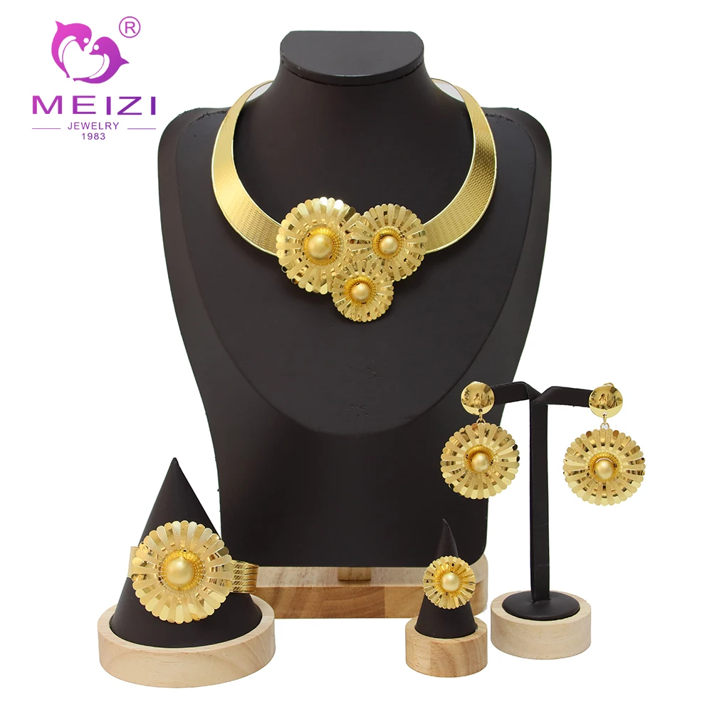 

Fashion Italian Gold Colour Jewelry Set 18K Gold Plated Necklace Earring Sets For Women Wedding Banquet Gift