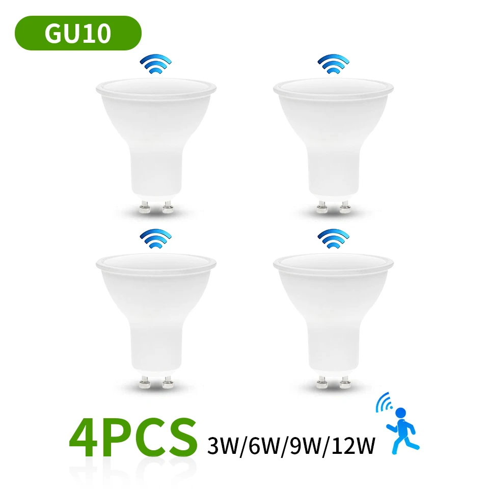 GU10 레이더 전구, 자동 ON OFF 모션 센서 적외선 감지 LED 램프, 파티오 베란다 계단용, 12W, 9W, 6W, 3W, 220V, 4 개