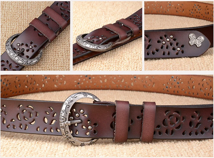 Women Belt Genuine Leather Bow Luxury Strap Female Hollow Out Rivet Belts For Women Pin Buckle Good Quality Cintos Masculinos