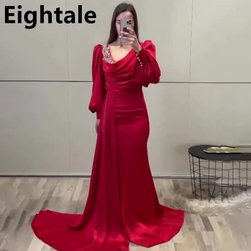 

Eightale Red Evening Dresses Long Luxury 2022 Celebrity V-Neck Arabic Long Puffy Sleeves Prom Gown Mermaid vestidos de noche