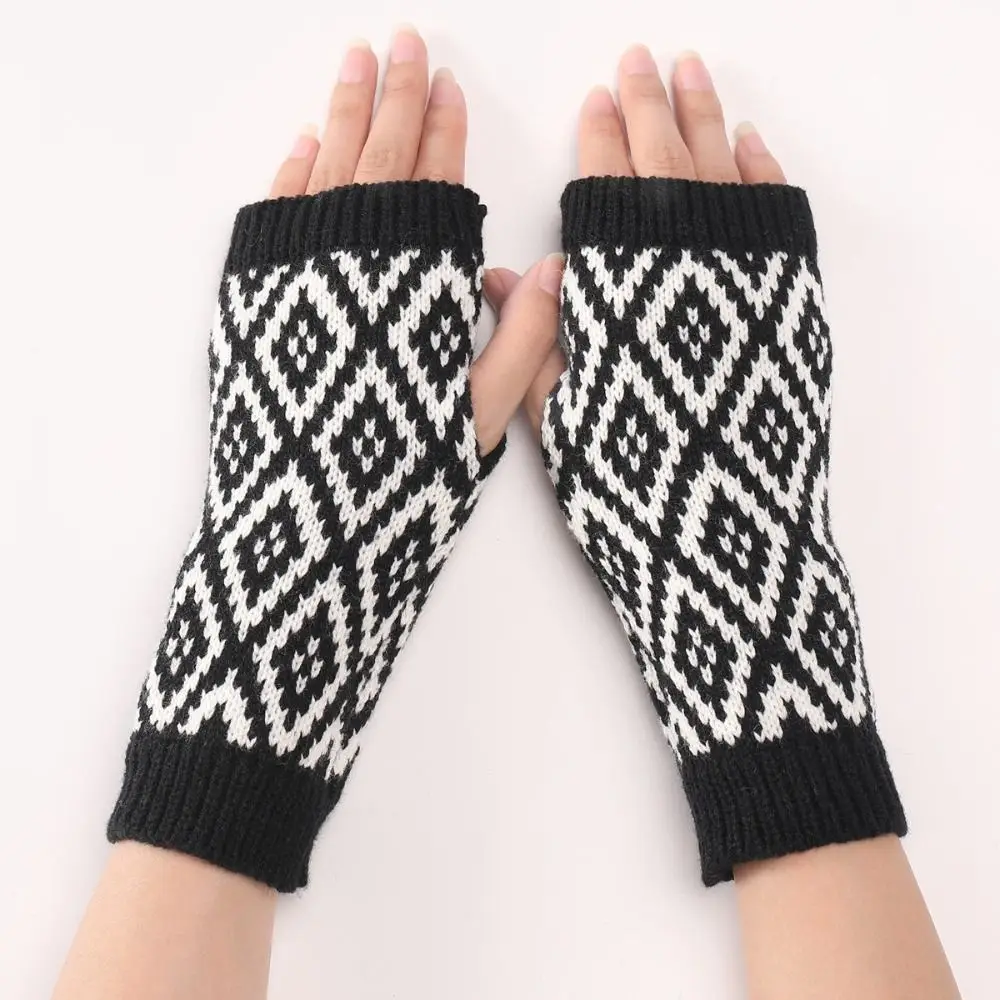 

Knitted Wrist Gloves New Rhomb Pattern Elastic Warm Mittens Open Finger Sleeve Fingerless Writing Gloves Girl Boys