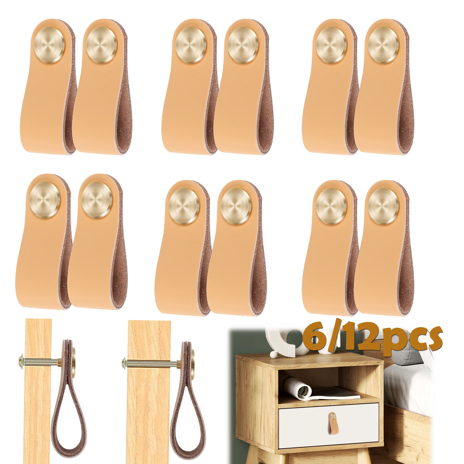 มือจับลิ้นชักหนัง 12/6 ชิ้น มือจับตู้แบบหนัง ลูกบิดตู้ตกแต่ง มือจับตู้เสื้อผ้าสำหรับตู้ครัวและลิ้นชัก 1