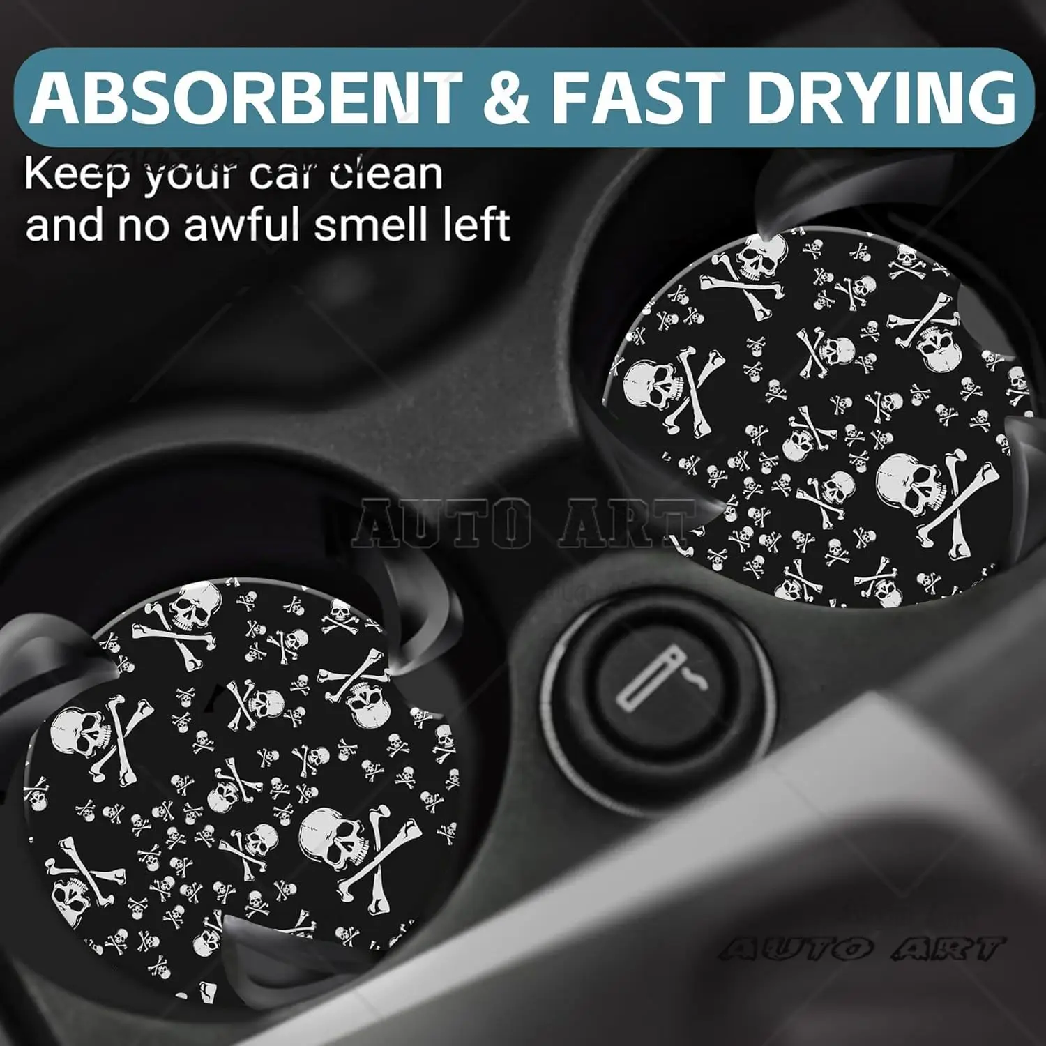 Skull Heads Car Cup Holder Coaster 2 Pack Pirate Skull Crossbones Anti-Slip Absorbent Ceramic Car Cup Coasters
