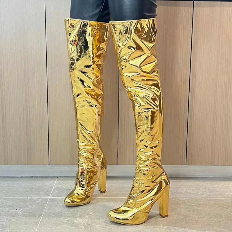 

2024 Women Winter Thigh Boots Chunky Heels Side Zipper Round Toe Gorgeous Silver Gold Club Shoes Ladies US Size 5-20