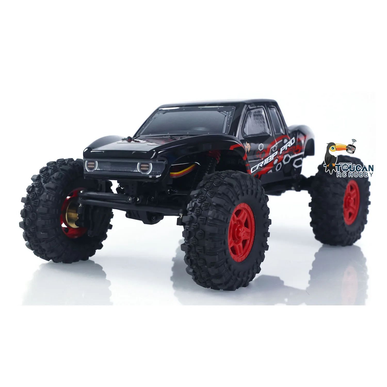 Vue de dessus du RC Crawler 4WD avec carrosserie rouge et noir