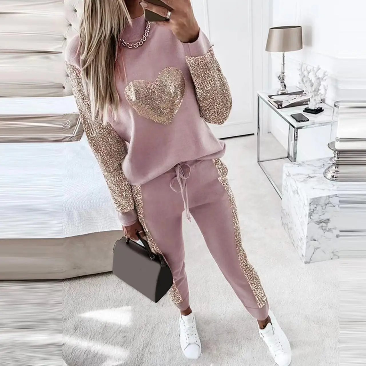 SKMY 2024 Autumn Winter New Arrival Two Piece Set For Women Love Heart Sequins Patchwork Long Sleeve Tops Casual Pant Sets