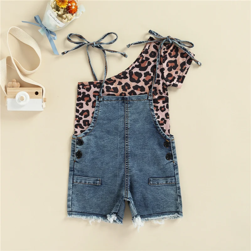 Girls Summer 2Pcs Outfit Sets One Shoulder Leopard Print Tops + Blue Denim Suspender Shorts
