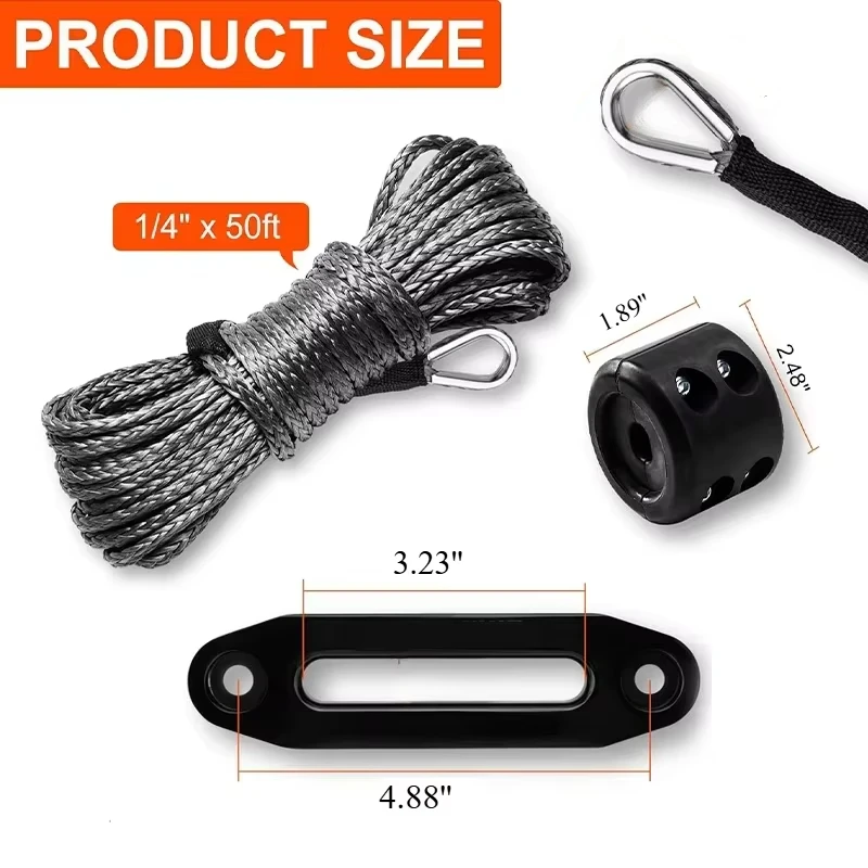 Synthetic Winch Rope Kit - 1/4" X 50ft 10,000LB Capacity With Fairlead & Hook For ATV/UTV/SUV
