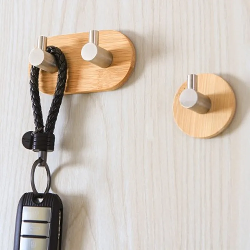Natural Bamboo Stainless Steel Hook Wall Clothes Bag Headphone Key Hanger Kitchen Bathroom Door Towel Rustproof Shelf WJ622