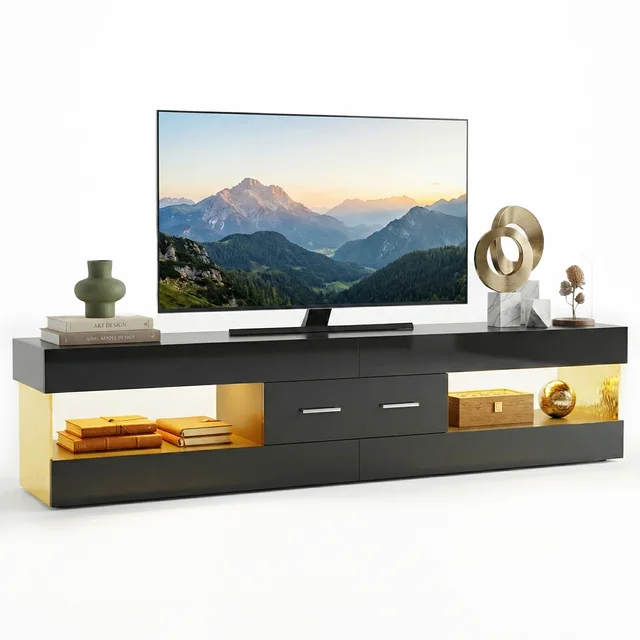 67" Modern TV Stand for TVs 55 to 75 Inch, High Gloss LED Entertainment Center with Stone-Patterned Doors with Drawer & Storage