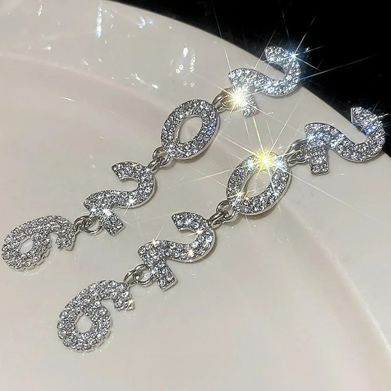New Rhinestone Snowflake 2026 Pendant Long Drop Earrings for Women Crystal Geometric Tassel Number Dangle Earrings New Year Gift