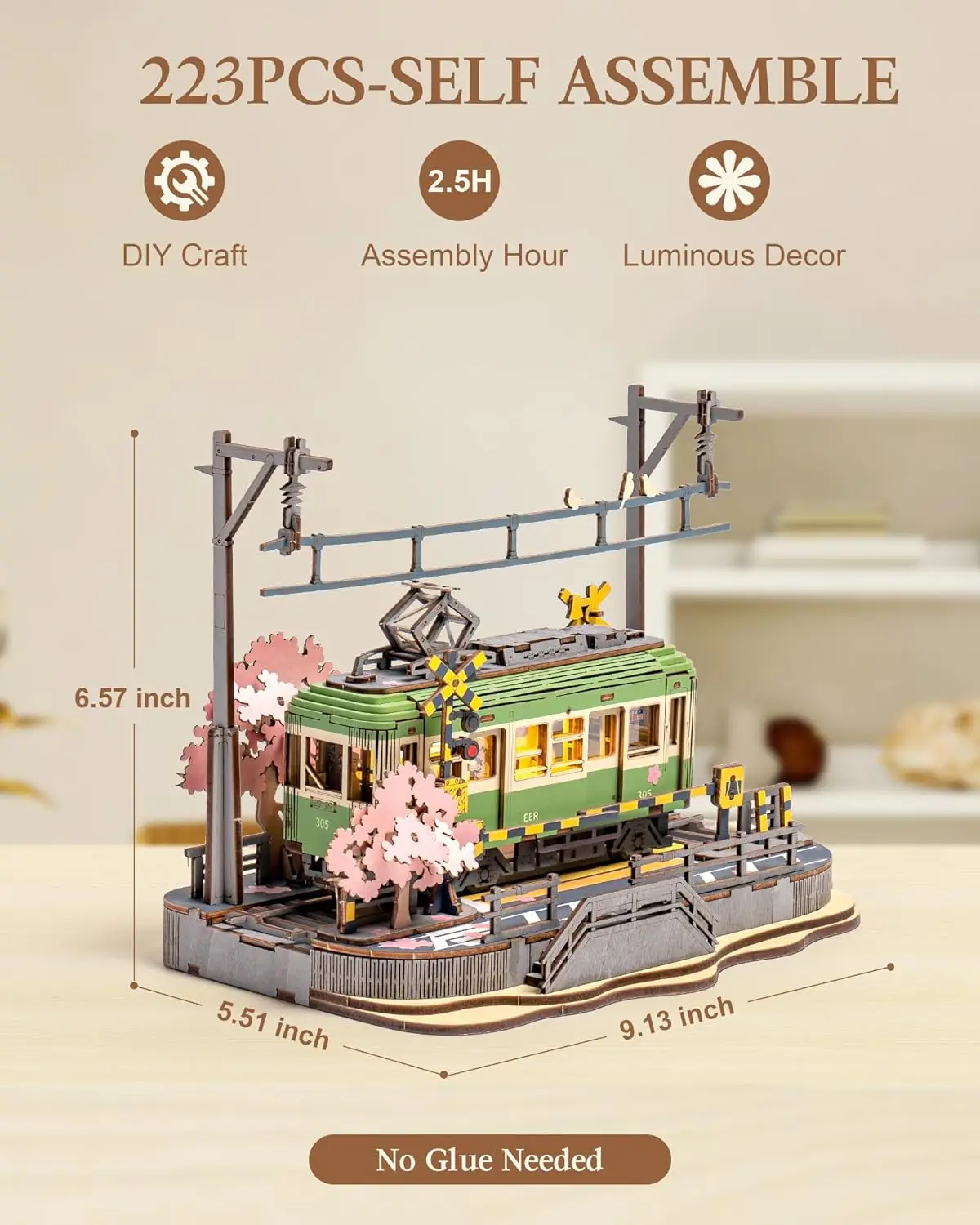 Robotime Sakura Journey Tram 3D Wooden Puzzles with LED Lights Home Decor Gift for Adults Women Girls
