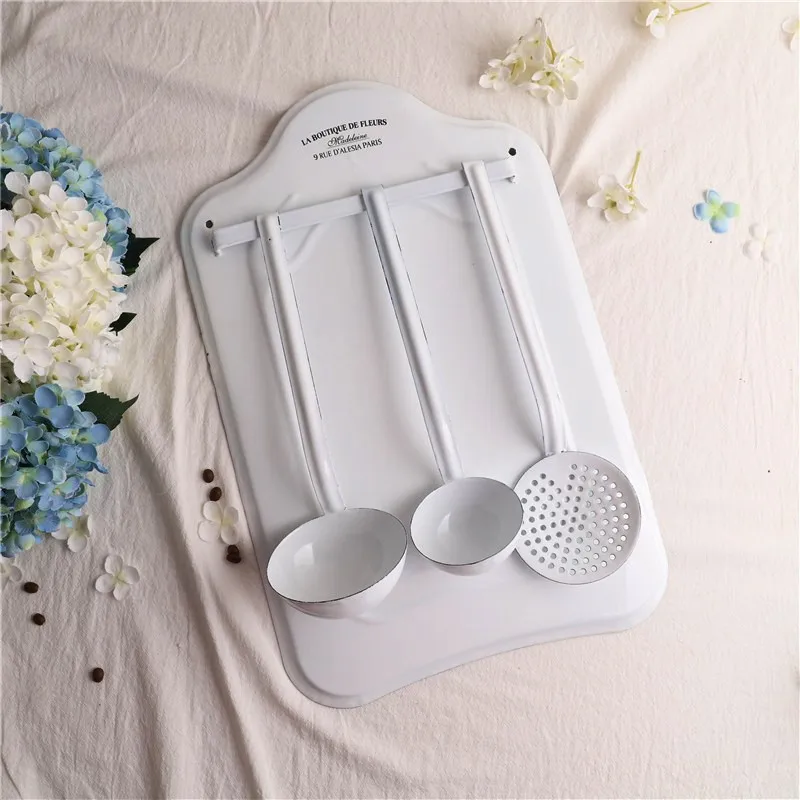 Vintage French Style Kitchen Utensil Set with Wall Mount, White Enamel, 3 Pieces, 12x18 inches