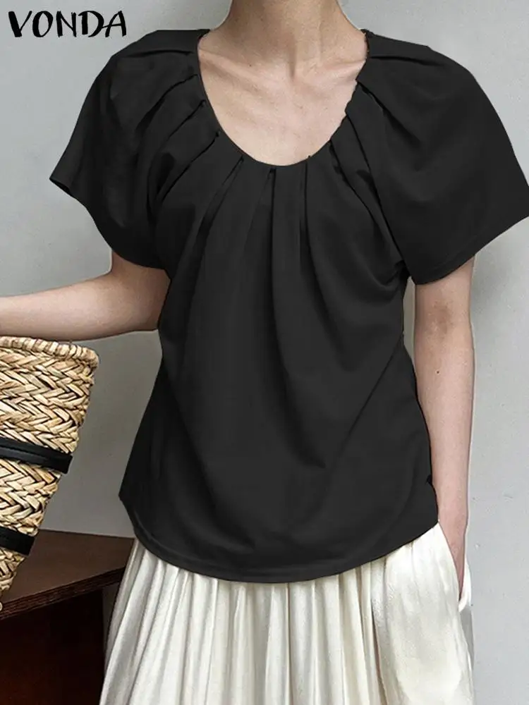 

Elegant Shirt Women Tops 2024 VONDA Fashion Tops Short Sleeve OL Blouses Work Blusas Pleated Tunic Party Oversized Streetwear