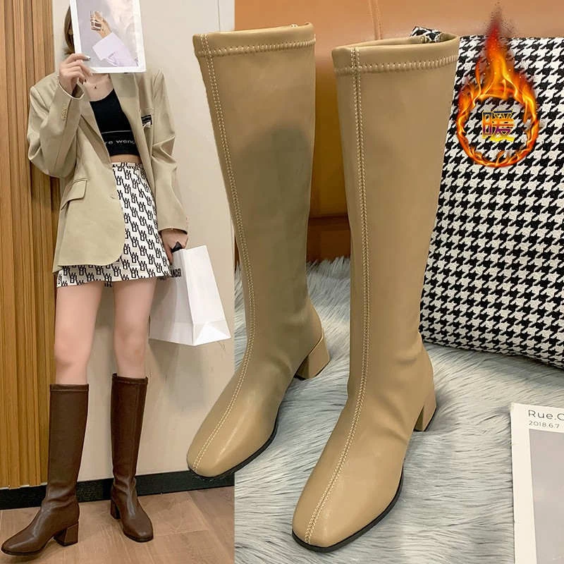 

New Slim Woman Knight Knee-high Boots Square Heel Ladies Zippers Fashion Soft Leather Winter Long Boots Shoes Plus Size 42