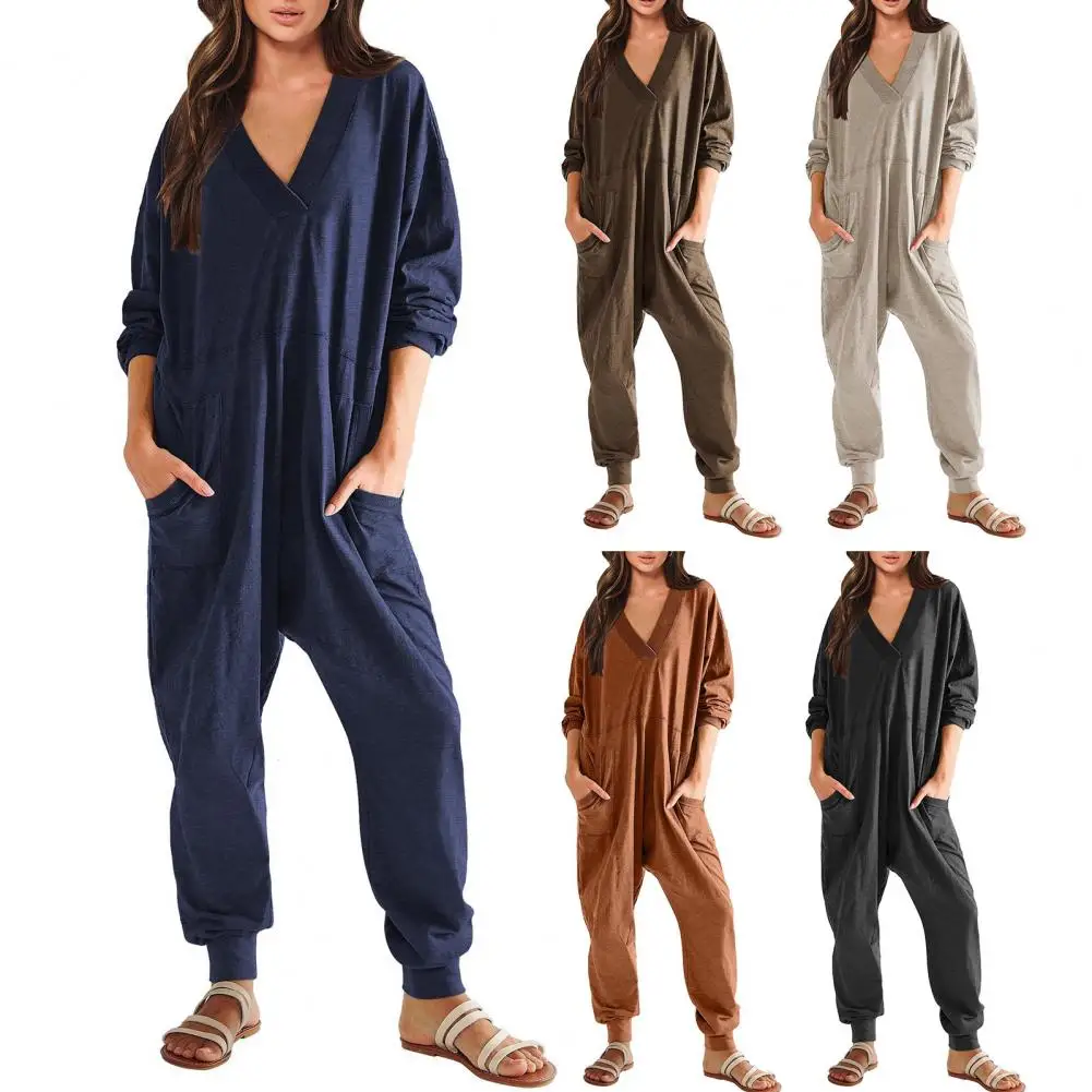 Women Long Sleeve Jumpsuit Cozy V-neck Jumpsuit with Pockets for Women Loose Fit Solid Color Pajama with Crotch Ankle Bands