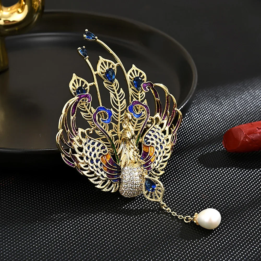 

Luxury Colorful Phoenix Brooch for Women High Quality Pearl Tassel Pendant Clothing Pin Brooches Retro Jewelry Gift