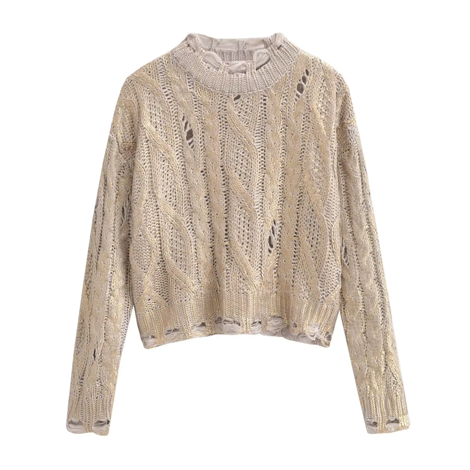 

Women New Fashion Eight-strand Metal Knitted Sweater Vintage O-Neck Long Sleeve All-match Casual Chic Female Pullovers Chic Tops