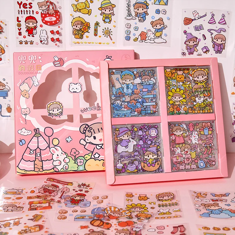 Kawaii Stickers Set (100 Sheets 600+ Small Pieces) - Cute PET Transparent  Cartoon Character Animal Flower Decorative Scrapbook Sticker Decal for