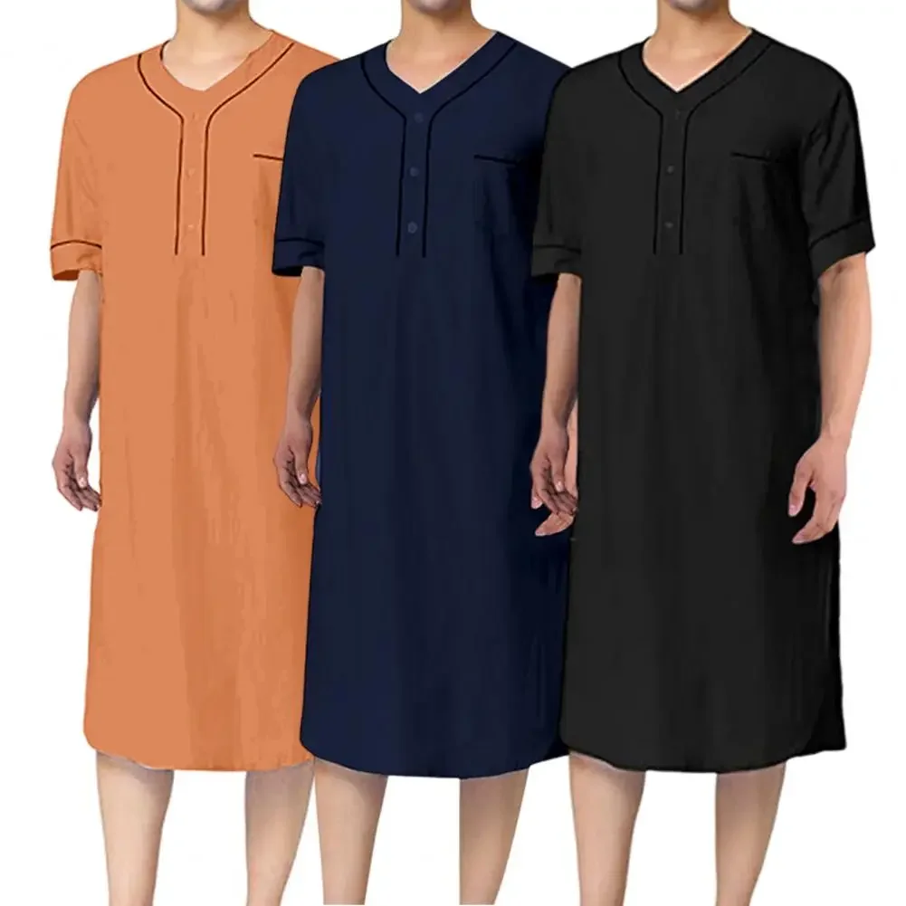 

Sleeve Casual Solid Home Pocket Robe Length Men Robe Sleep Nightgown Color Leisure Nightdress Mid-calf Wear V-neck Patch Short