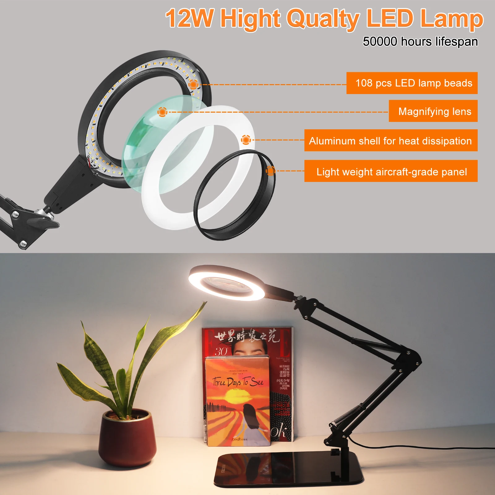 5X & 10X Magnifying Glass with Light and Stand, NAKOOS 2-in-1 Magnifying  Lamp with Clamp, 3 Color Modes Touch Control Stepless Dimmable Magnifiers