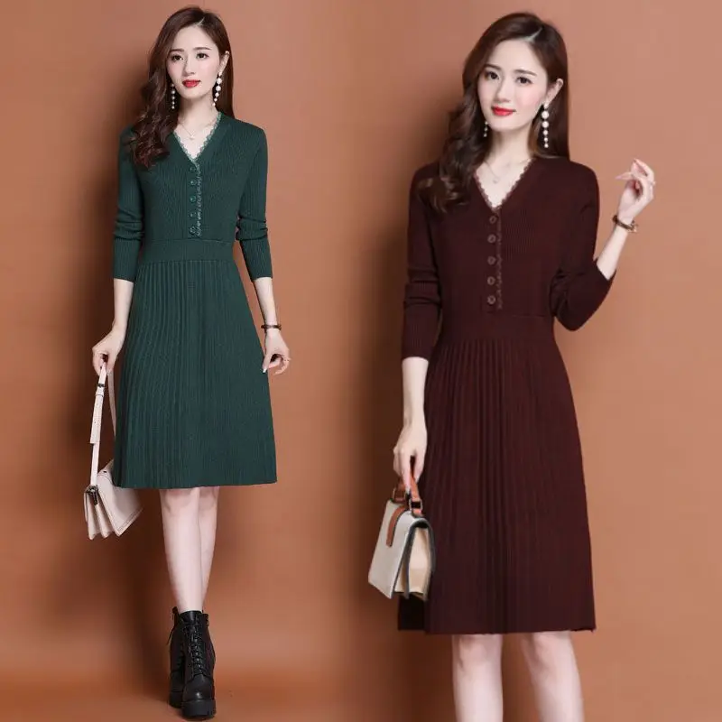 

Woman Vintage V-neck Long Sleeve Button Dresses Female Fashion Casual Loose Knitwear Warm Women Knit Bottoming Dress G893