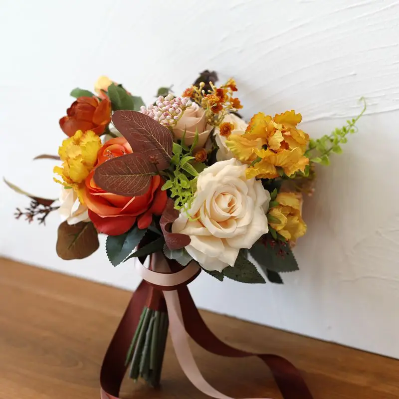 Whitney Wedding Collection 2022 Autumn Yellow Mix with Orange Roses Nature Flowers Bouquet de Mariage